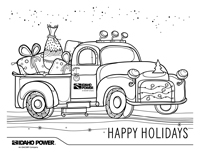 Image of a coloring page with a truck filled with holiday gifts on it