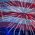 Fireworks in front of USA flag