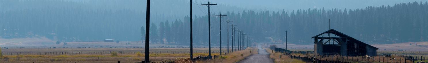 A photo of distribution lines crossing a meadow below wooded mountains