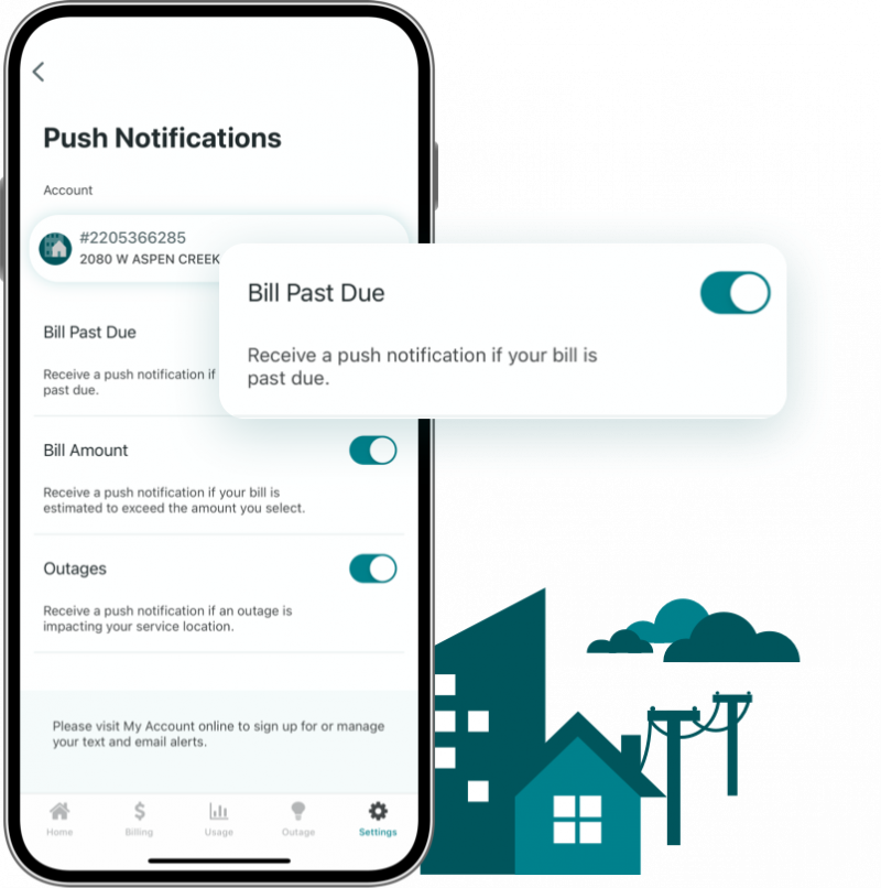 Image of mobile phone with an example bill past due push notification turned on