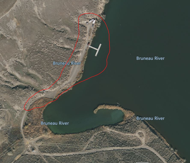 Map outlining a strip of road along the Bruneau River by the dock as closed