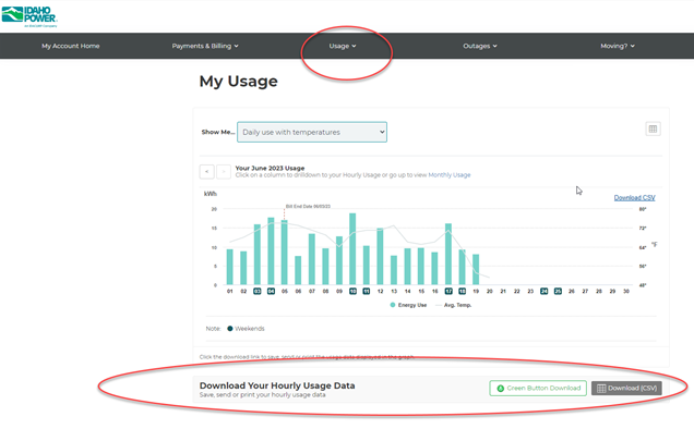 Screenshot of My Account showing where to click to download usage (Usage > Download).